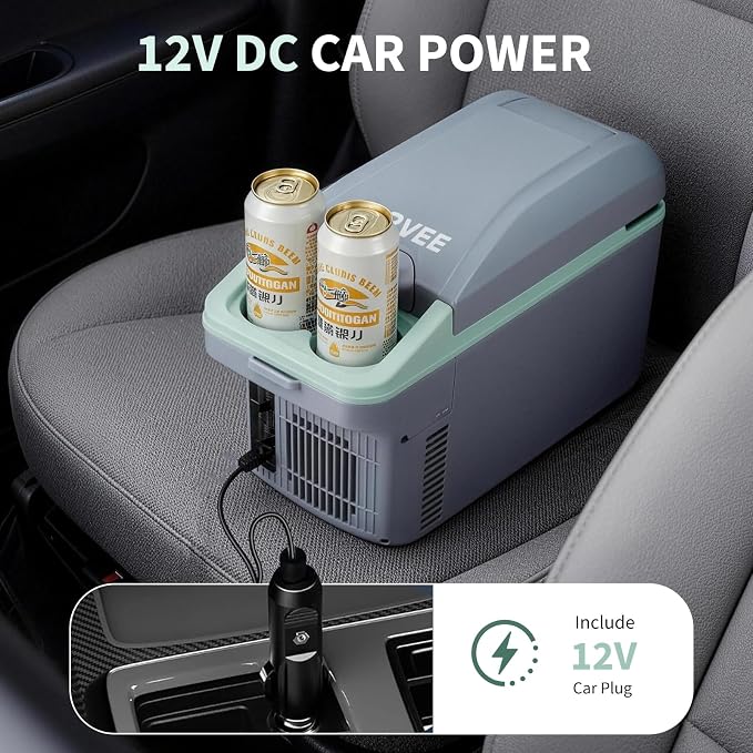 Garvee 8L Electric Cooler & Warmer, Portable Car Refrigerator with Auto-Lock Handle, 12V DC for Cars & Trucks, Equipped with 110V AC Household Power Cord, Plug-in Cooling Fridge, Gray&Green