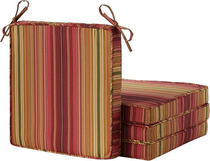Outdoor 18 inch Square Patio Dining Chair Pads – Comfortable Fiber-Filled Seat Cushions with Ties, Reversible Polyester Fabric - Kinnabari Stripe, Set of 4