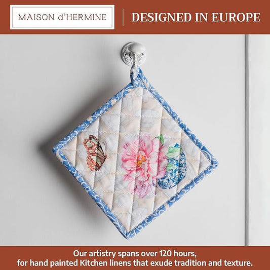 Maison d' Hermine Pot Holders 100% Cotton Heat Resistant Potholders 8" x 8" Hot Pads with Loop BBQ Cooking Baking Hotel Farmhouse Kitchen Handling Hot Pans Spring Summer (Pack of 1, Canton)