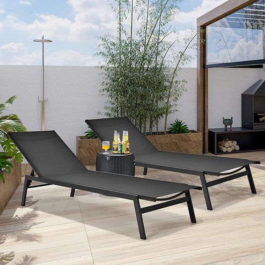 Tangkula Outdoor Chaise Lounge Chair Set of 2, 6-Position Adjustable Reclining Chair with Breathable Fabric and Heavy Duty Steel Frame, Patio Lounge Chair for Garden, Backyard and Poolside (2, Black)