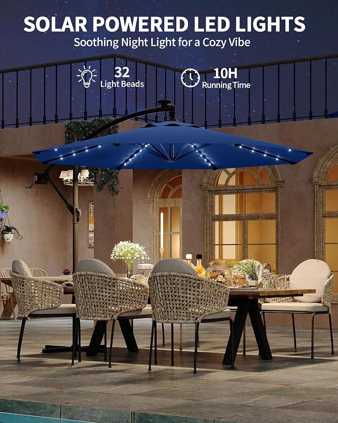 15FT Outdoor Patio Umbrella,Double-Sided Rectangle Market Umbrella with 36 LED Solar Lights & Base,UV50+ Weather-Resistant Oversized Outdoor Umbrella,Crank Lift,3-Way Shade for Pool,Garden,Backyard