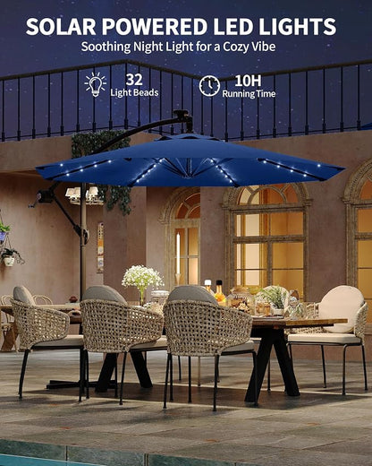 Garvee 10FT Solar Lights Offset Patio Umbrella with Cross Base, Navy Blue | Cantilever Umbrella with Easy Lift & Tilt Adjustment, 8 Ribs Sun umbrella UV Protection for Backyard, Pool, Garden
