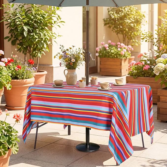 Poise3EHome Outdoor Tablecloth Rectangle with Umbrella Hole Waterproof Rainbow Mexican Tablecloth for Spring Picnic Party Patio Table Camping, Color Stripe (52X70 Zipper)