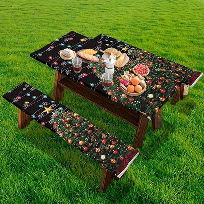 Christmas Tree Elastic Picnic Table Cover with Bench Covers Colored Lights Xmas Decoration Camping Table Cloth for Picnic Table 3 PCS Set Size S/L