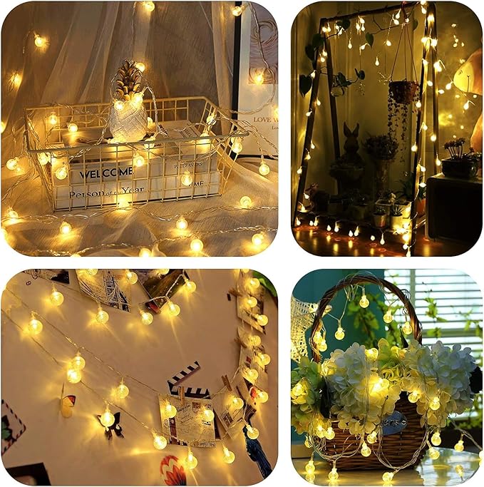 Battery Operated Globe String Lights 16FT Waterproof 30 LED 8 Modes Outdoor String Lights Crystal Ball String Light with Timer for Backyard Garden Balcony Pergola, Warm White (2 Pack)