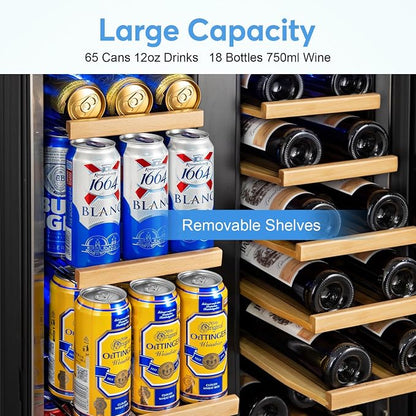 24" Dual Zone Wine and Beverage Refrigerator, Under Counter with Glass Door | 18-Bottle 88-Can capacity, Fast cooling, LED blue light, Temp control, Energy efficient compressor, Freestanding or built-in