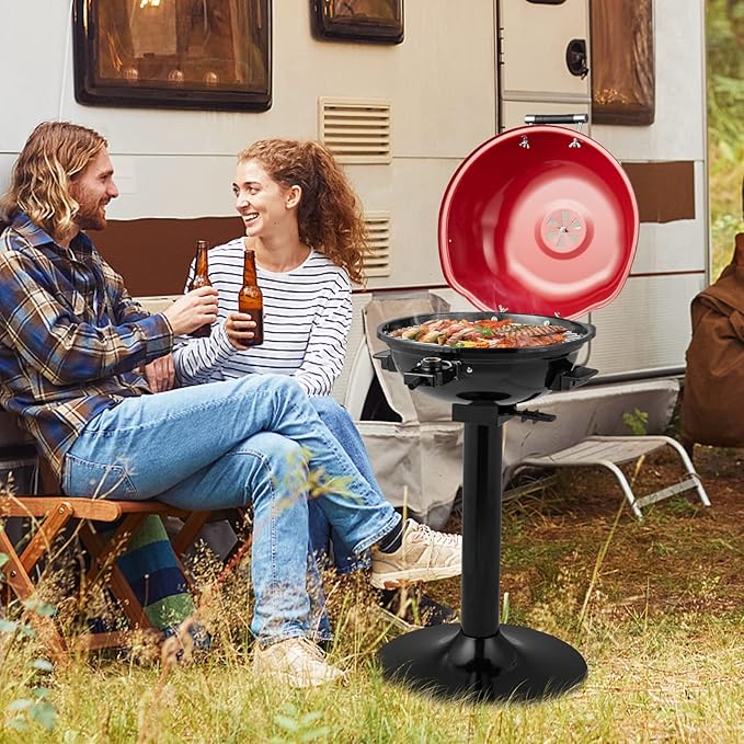 COSTWAY Electric BBQ Grill, Portable Grill with Metal Cooking Grilling Rack, Detachable Temperature Control & Removable Grease Collector, Outdoor Freestanding Grill for Camping &Tailgating (Red)