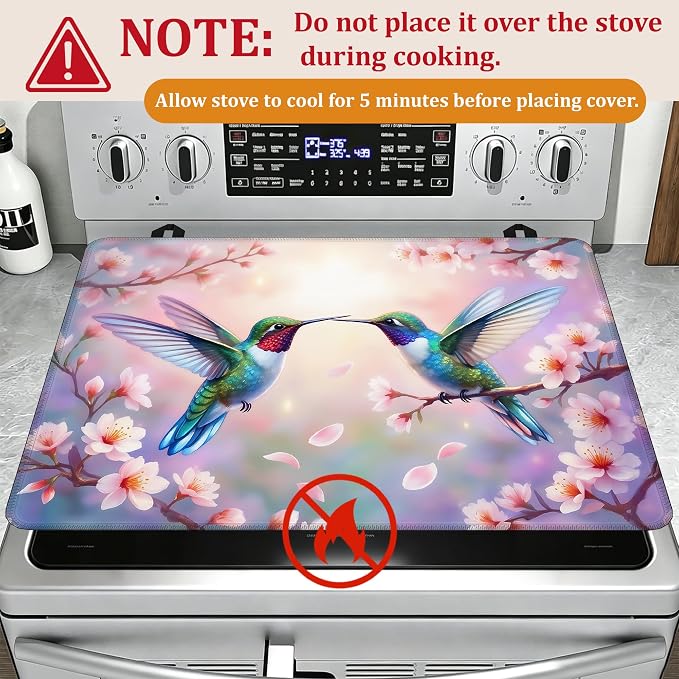 Spring Hummingbird Glass Top Stove Cover Protector,Pink Peach Flower Stove Top Covers for Electric Stove,Washable Heat Resistant Cooktop Mat Anti-Slip Range Covers, 28 x 20 Inch