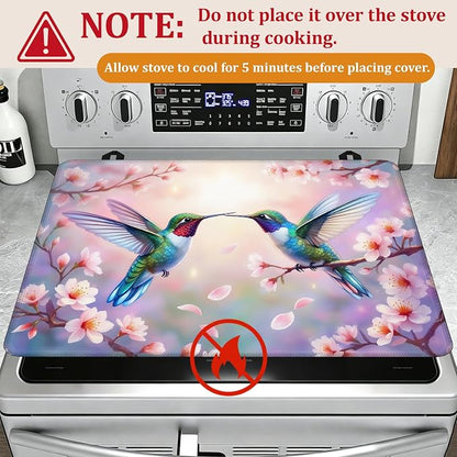 Spring Hummingbird Glass Top Stove Cover Protector,Pink Peach Flower Stove Top Covers for Electric Stove,Washable Heat Resistant Cooktop Mat Anti-Slip Range Covers, 28 x 20 Inch