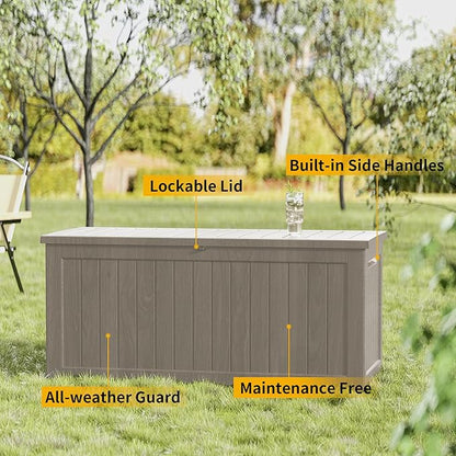 270 Gallon Lockable Resin Outdoor Storage Box, Waterproof & Weather Resistant Deck Box for Patio Cushion, Garden Tools & Pool Accessories, Grey