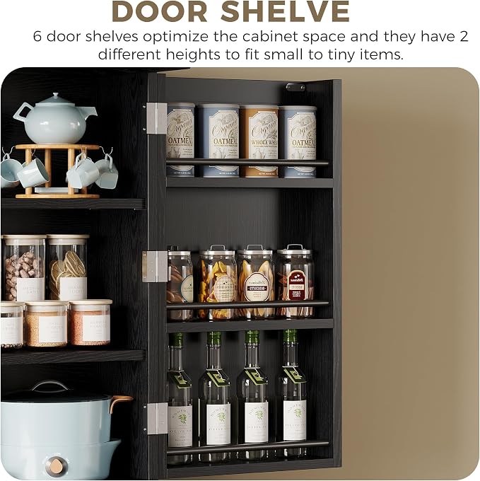 IRONCK 72" Farmhouse Kitchen Pantry Cabinet with Sliding Storage Rack,Black | Tall Freestanding Cupboard with 6 Hanging Shelves for Kitchen, Dining Room