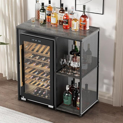KirKical 3-Tier Slate Rustic Grey Coffee Bar Cabinet with Mini Fridge Space | Heavy-Duty Baker Rack Microwave Stand, Utility Storage Organizer Shelf for Home Kitchen Dorm