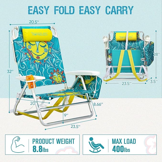 Old Bahama Bay Backpack Beach Chair, Aluminum Lightweight Reclining 5-Position Lounge Chair for Adults Heavy Duty Support 400 LBS Portable Folding with Cooler Bag Camping Chair for Sand Outdoor