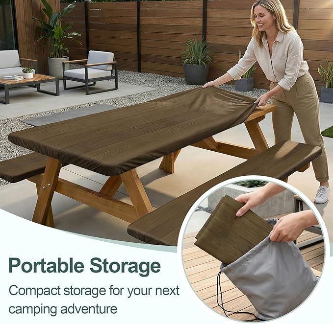 Picnic Table Cover Bench Covers Camping Essentials Tablecloth | Waterproof Vinyl for Outdoor, Windproof Elastic Fitted Edges, RV BBQ Accessories Must Haves, Storage Bag Included