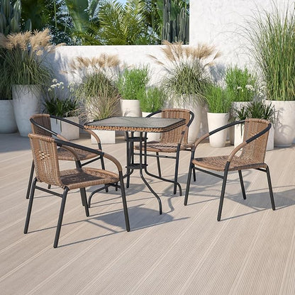 Flash Furniture Barker 28'' Square Tempered Glass Metal Table with Dark Brown Rattan Edging