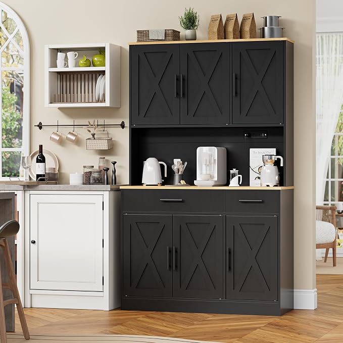Shintenchi Pantry Cabinet with Charging Station, 70” Tall Kitchen Storage Cabinet with Microwave Stand, Storage Drawers & Adjustable Shelves, Large Capacity Kitchen Hutch for Dining Room, Black