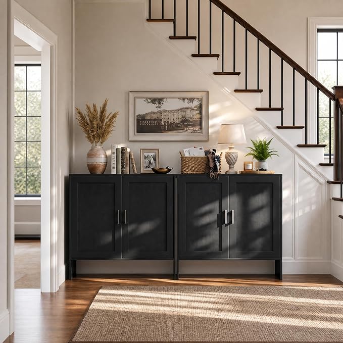 DHZ Buffet Cabinet with Storage, Farmhouse Sideboard with Black Rattan Doors & Adjustable Shelf, 31.5" Narrow Coffee Bar Cabinet, Kitchen Storage Credenza, Entryway Accent Liquor Cabinet