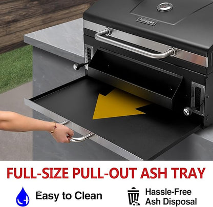 Built-in Charcoal Grill, Large BBQ Grills with Liftable Tray, Insulated Hood & Temp Gauge, Black Stainless Steel Barrel Grill for Outdoor Kitchen, Family BBQ Parties & Patio Use
