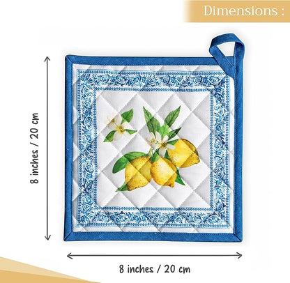Maison d' Hermine Pot Holders 100% Cotton Heat Resistant Potholders 8" x 8" Hot Pads with Loop BBQ Cooking Baking Hotel Farmhouse Kitchen Handling Hot Pans Spring Summer (Pack of 2, Cedrat)