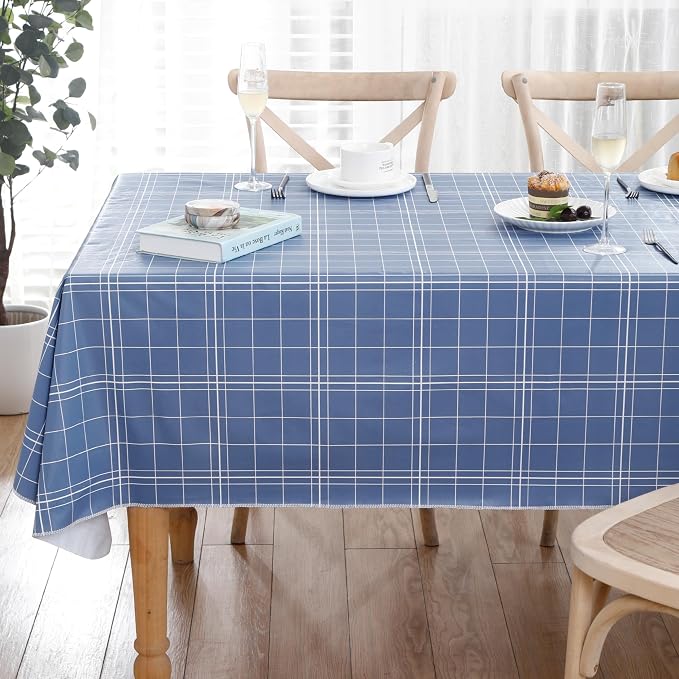 Heavy Duty Vinyl Tablecloth with Flannel Backing Waterproof Oil-Proof Plastic Table Cloth Stain-Resistant Wipeable Rectangle or Square Table Cover for Indoor and Outdoor (Blue Grid，60x102 Inch)