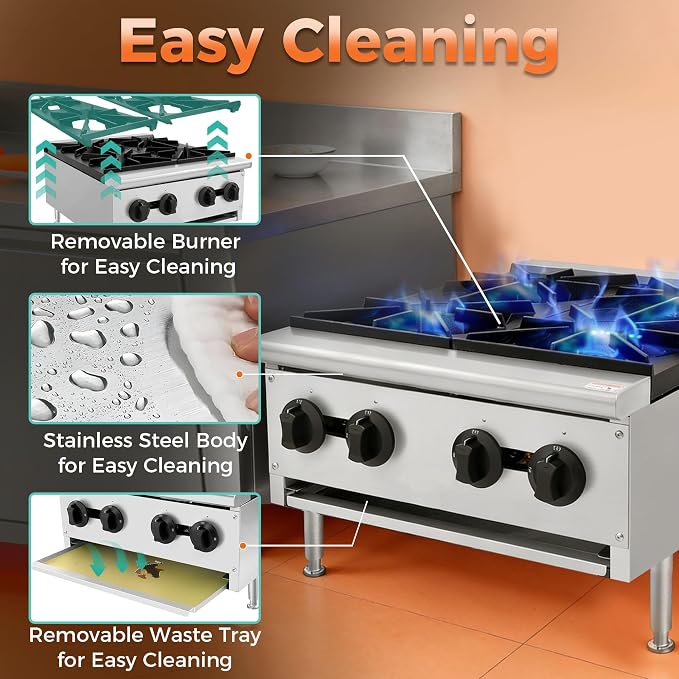 Commercial Hot Plate,Countertop Restaurant Kitchen Stove,NG LP Convertible Supply,Independent Controls,Cast Iron Grates,Standing Pilot Ignition,Adjustable Legs,Removable Waste Tray (Silver,4 Burner)