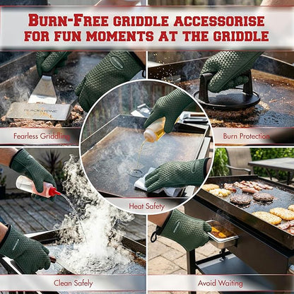 KITCHEN PERFECTION Silicone Oven & Griddle Gloves -Extreme Heat Resistant BBQ & Grilling Gloves -Handle Hot Food Right on Your Griddle |Waterproof Oven Mitts Grill Gloves |Superior Set+3 Bonuses