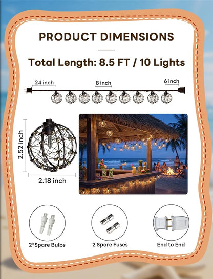 Abeja LED Outdoor Patio Lights, 8.5Ft Beaded Copper Wire Ball Style Lantern Lights with 12 Mini Bulbs, Connectable Boho Lantern String Lights for Yard Garden Bistro Campings Porch Party Backyard