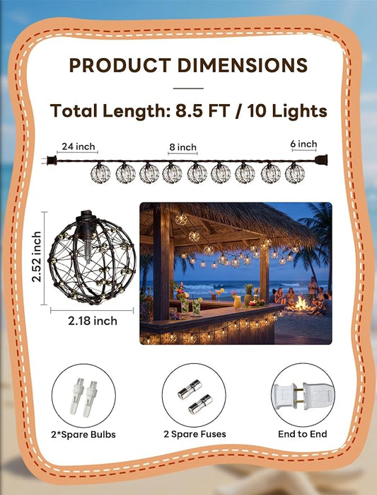 Abeja LED Outdoor Patio Lights, 8.5Ft Beaded Copper Wire Ball Style Lantern Lights with 12 Mini Bulbs, Connectable Boho Lantern String Lights for Yard Garden Bistro Campings Porch Party Backyard