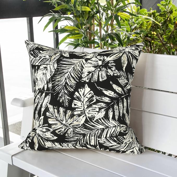 LVTXIII Outdoor Pillow Covers 20x20 Inch, 2 Pack Large Square Throw Pillow Cases, Fade-Resistant Cushion Covers for Patio Furniture Sofa, Garden Porch, Tropical Leaf Black