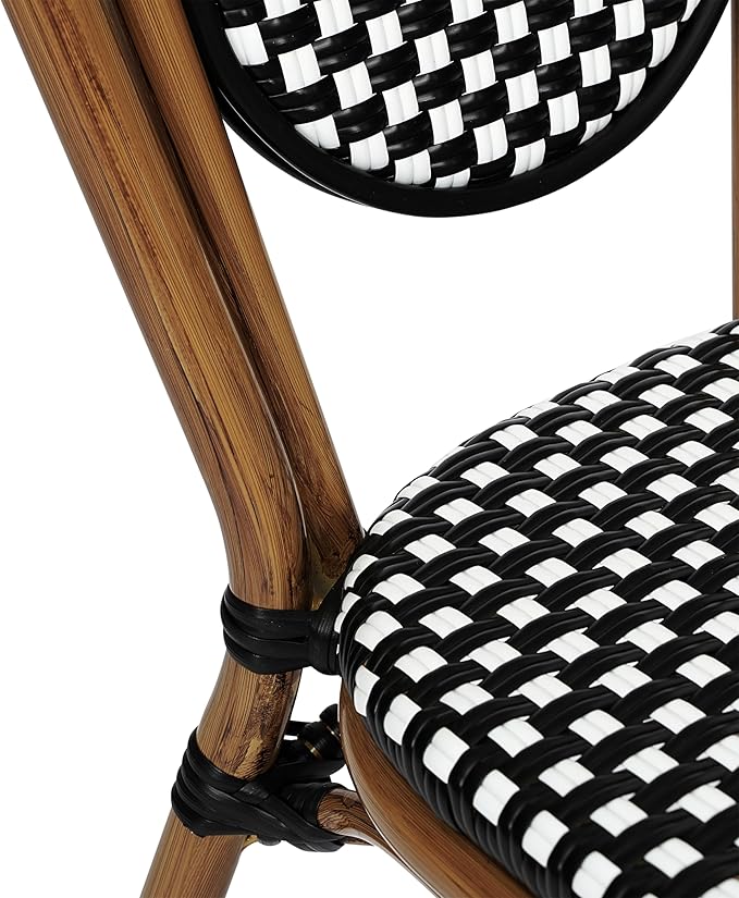 Flash Furniture Lourdes Indoor/Outdoor Commercial Thonet Bistro Stack Chair - Black/White PE Rattan Back and Seat - Natural Bamboo Print Metal Frame - 4 PK