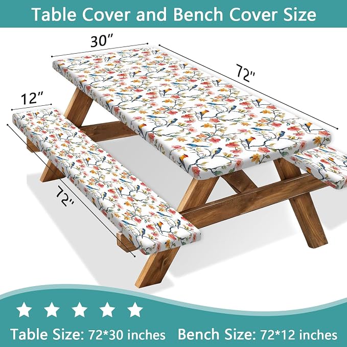 Bird Branch Picnic Table Cover with Bench Covers, Spring Summer Floral Waterproof Windproof, Fitted Tablecloth Cover with Elastic Edge, Camping Essentials, for Outdoor, Garden, 3 PCS, 30x72 Inch