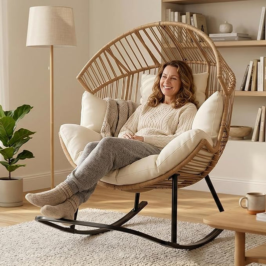 Garvee Wicker Rocking Egg Chair with Extra-Soft Pillow and Thick Cushion | Oversized Ergonomic Rattan Lounge Rocker for Outdoor & Indoor, Living Room, Backyard & Garden – Cream Cushion, Wicker Frame