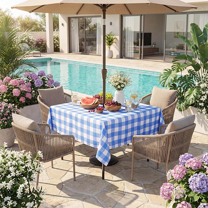 Poise3EHome Square Outdoor Tablecloth with Umbrella Hole and Zipper,Blue and White Gingham 60x60 Inch,SpillProof Washable Table Cloth for Spring Summer Patio Garden Poolside Picnic Camping BBQS
