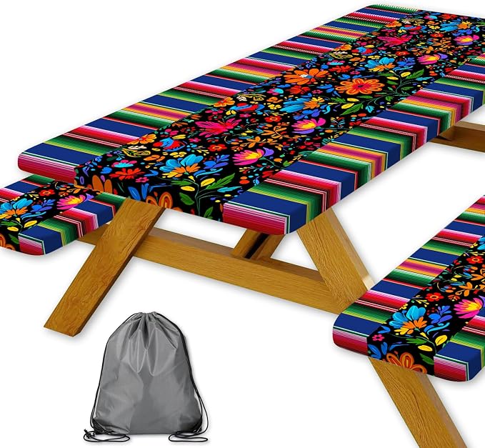 Mexico Picnic Table Cover with Bench Covers and Bag, Camping Essentials, Cinco De Mayo Fiesta Stripes Fitted Table Cover, 6ft Outdoor Tablecloth Waterproof Windproof with Elastic Edge 3 PCS 30x60 Inch
