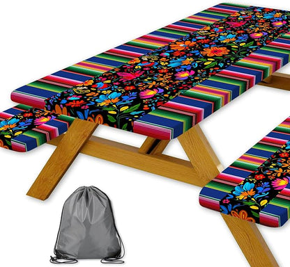Mexico Picnic Table Cover with Bench Covers and Bag, Camping Essentials, Cinco De Mayo Fiesta Stripes Fitted Table Cover, 6ft Outdoor Tablecloth Waterproof Windproof with Elastic Edge 3 PCS 30x60 Inch