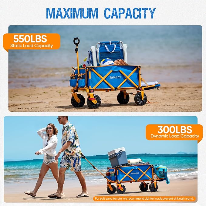 300lbs Extra Long 49" L Beach Wagon with Big Wheels with Brake for Sand, Collapsible Utility Beach Cart Heavy Duty Folding Wagon,Ideal for Outdoor Sand Camping Garden Pet