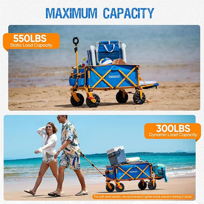 300lbs Extra Long 49" L Beach Wagon with Big Wheels with Brake for Sand, Collapsible Utility Beach Cart Heavy Duty Folding Wagon,Ideal for Outdoor Sand Camping Garden Pet