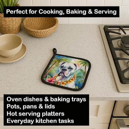 Caroline's Treasures White Boxer Luau Pair of Pot Holders Kitchen Heat Resistant Pot Holders Sets Oven Hot Pads for Cooking Baking BBQ, 7 1/2 x 7 1/2