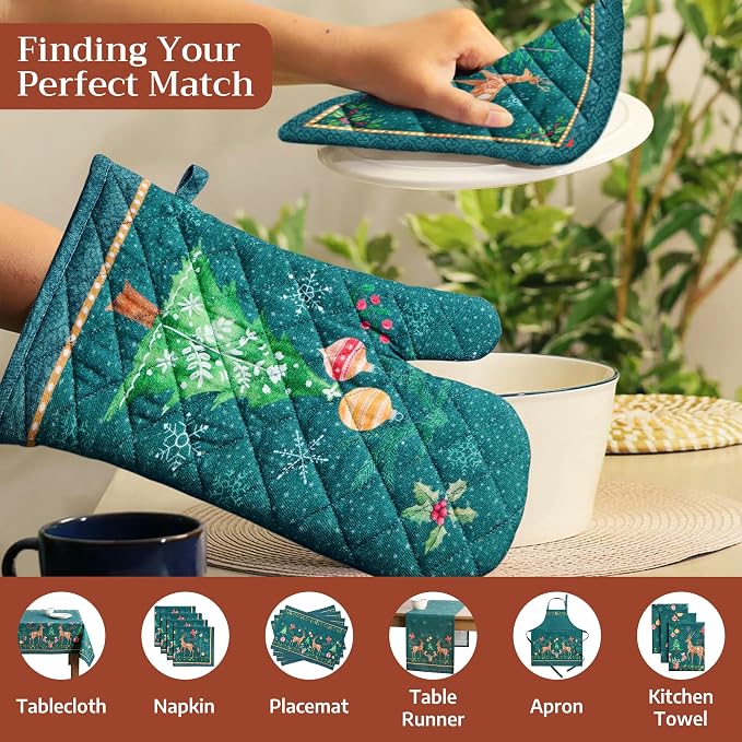 Maison d' Hermine 100% Cotton Oven Mitt & Pot Holder Set (7.5"x13" & 8"x8") | Heat Resistant BBQ Cooking Gloves with Loop Baking Grilling Kitchen Home Farmhouse Thanksgiving Christmas - Hygge Christmas