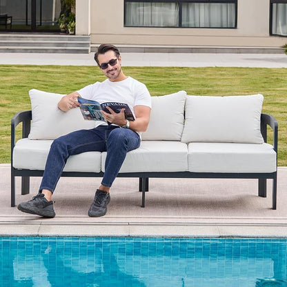 Outdoor Patio Sofa, 3-Seat All-Weather Metal Modern Couch with Washable Thick Cushion for Garden/Backyard/Porch, White