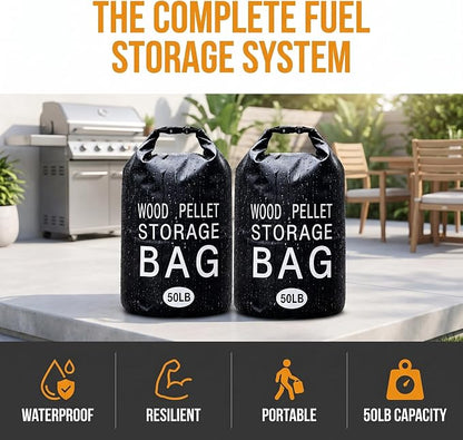 2 Pack 50LB Waterproof Pellet Storage Bags with Backpack Straps | Heavy Duty Wood Pellet Storage Container, Smoker Pellet Storage Bin Bag for BBQ Grill, Charcoal, Wood Chips & Heating Fuel