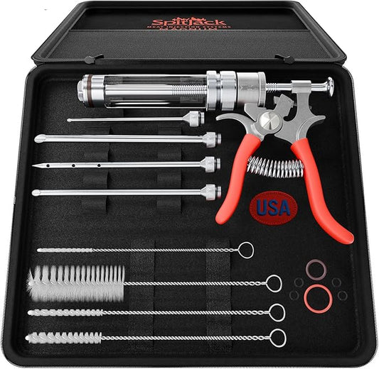 SpitJack Meat Injector Gun for Brisket, Turkey & BBQ - Made in USA Professional Heavy Duty Marinade Injector with 4 Stainless Steel Needles, 50ml Capacity, Repairable Competition BBQ Tool