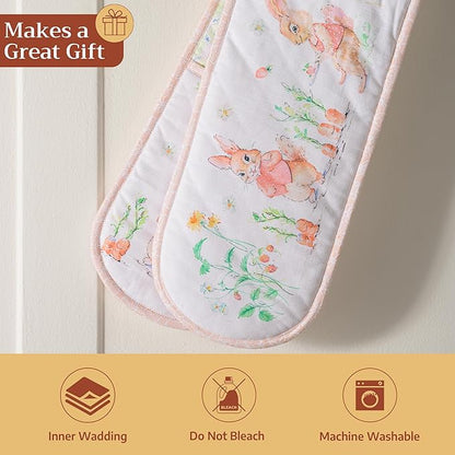 Maison d' Hermine Double Oven Mitts 100% Cotton 7"x35" Double Oven Mitt Heat Resistant BBQ Cooking Gloves with Loop Baking Grilling Kitchen Hotel Home Farmhouse Spring Summer (Bunny Party)