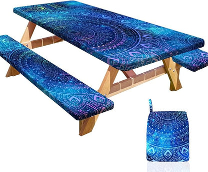Picnic Table and Bench Cover Set, Waterproof Fitted Elastic Cloth | Portable Camping Essentials With Built-In Storage Pocket And Waterproof Fabric For Outdoor RV Or Picnic Table Use