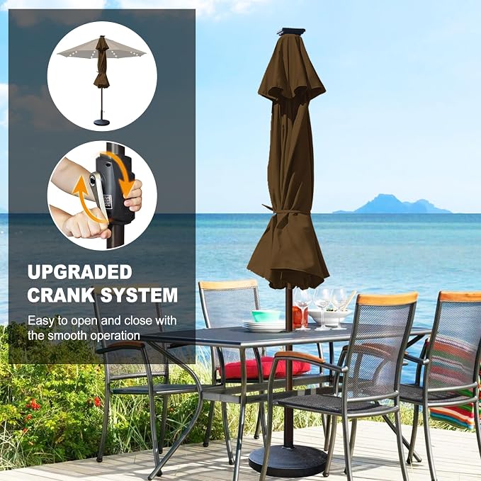 Eurmax USA 10-Year-Non-Fading 10FT Outdoor Patio Market Umbrella with LED Lights,UPF50+ UV Resistant,Heavy Duty Commercial Grade,Crank Lift Design,Windproof Vented Top for Garden,Pool,Deck,Chestnut