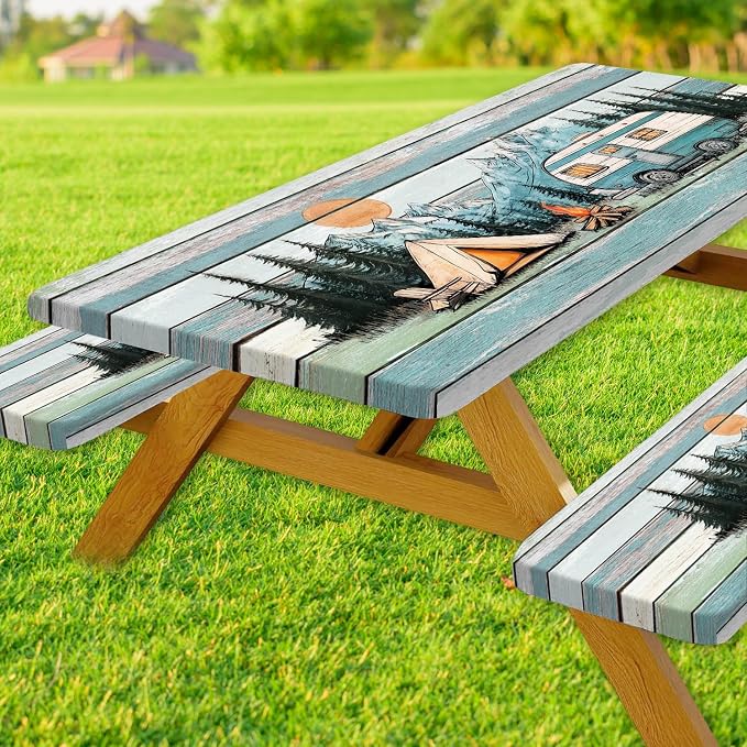 JAWO Picnic Table Cover with Bench Covers Outdoor Camping Essentials Windproof Waterproof Fitted Picnic Table Cloth Wood Texture Fitted Picnic Tablecloth with Elastic, 30x96in
