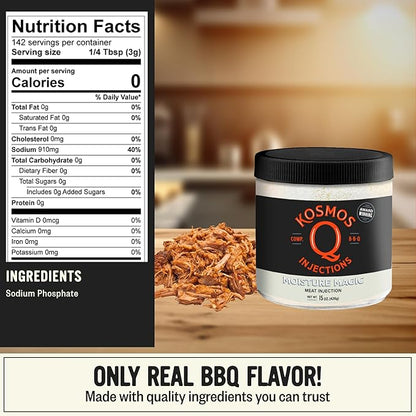 Kosmos Q Moisture Magic BBQ Injection, Phosphate Meat Marinade for Chicken, Pork, Brisket, Fish & More, BBQ Competition Injection Blend to Maximize Juiciness, Flavor & Moisture, Gluten Free, 16 Oz Jar