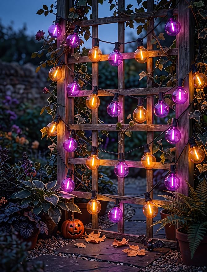 LED Outdoor Halloween Lights, 50FT 25 G40 Orange Purple Globe String Lights | Plug in Patio Lights, IP65 Waterproof, Hanging Outdoor Halloween Decorations Lights for Outdoor Porch Backyard Garden Party