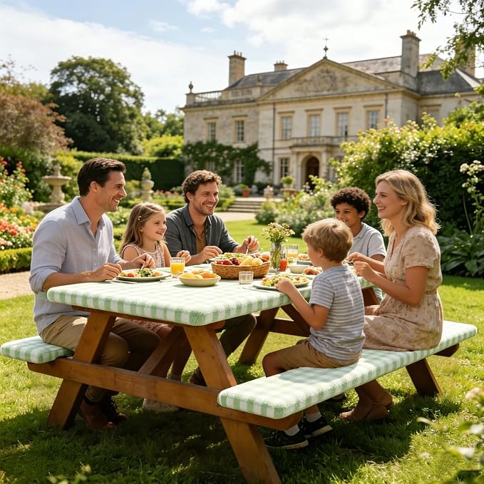 AnyDesign Sage Green Plaid Picnic Table Cover with Bench Cover Green Gingham Waterproof Elastic Fitted Camping Tablecloth for 6Ft Rectangle Table Outdoor Decor