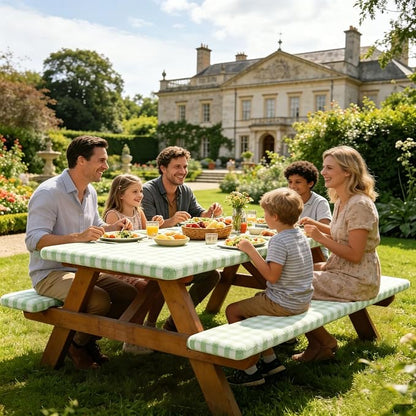 AnyDesign Sage Green Plaid Picnic Table Cover with Bench Cover Green Gingham Waterproof Elastic Fitted Camping Tablecloth for 6Ft Rectangle Table Outdoor Decor